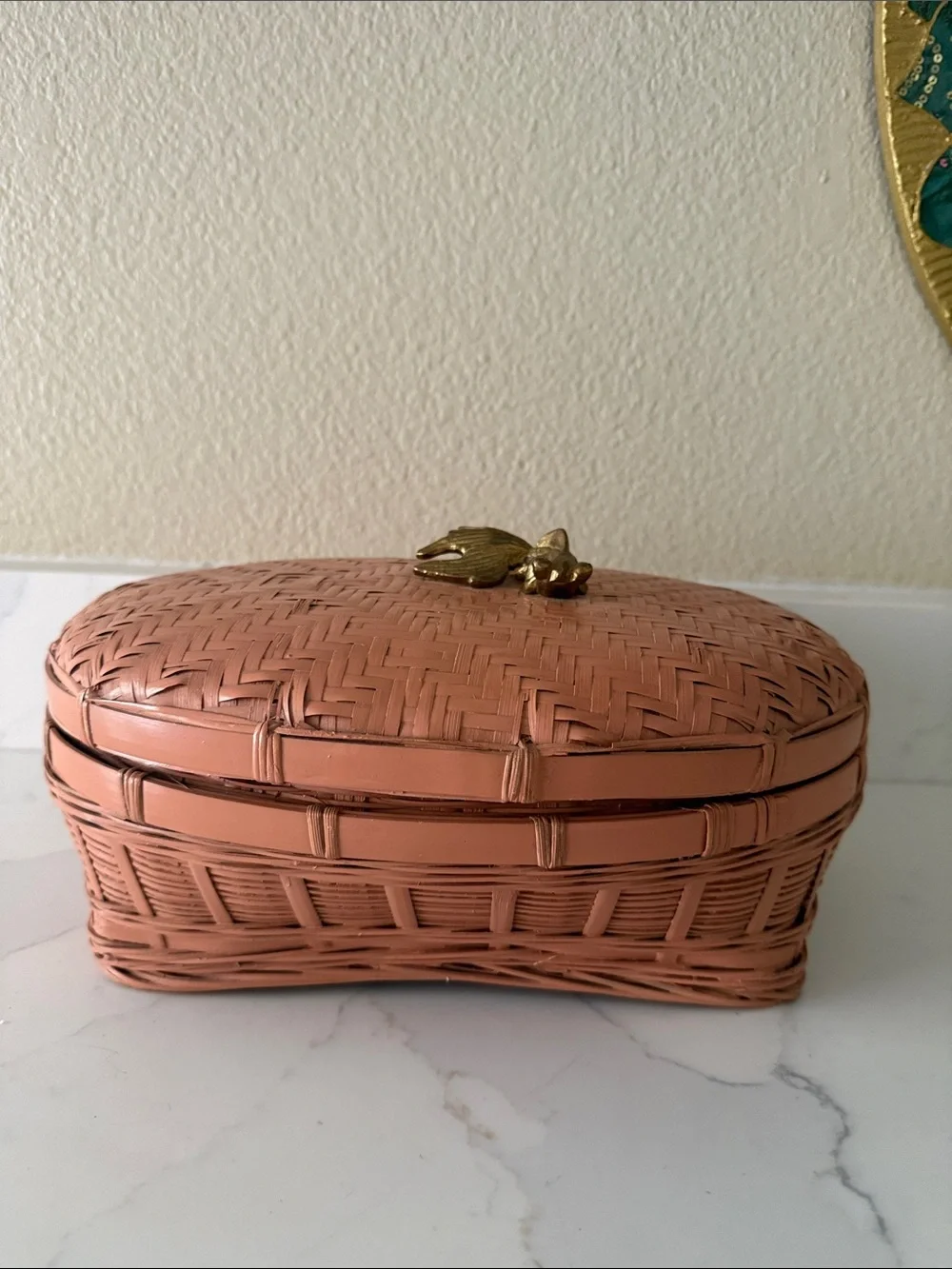 Vintage Painted Basket with Brass Coi Fish Handle Lidded